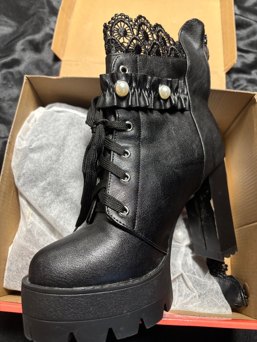 Gothic Black Lace-Trim Platform Lace-Up Ankle Boots with Faux Pearl Accents